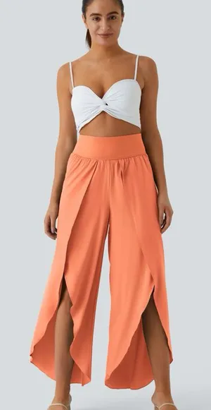 Halara 027HA.- High Waisted Back Waistband Pocket Palazzo Flowy Wide Leg Casual Pants. thumbnail 1
