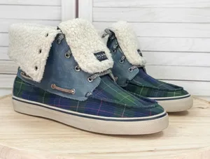 Sperry Tartan Plaid Fleece Lined Fold Over Boots Blue Green Women 11 Preppy thumbnail 1