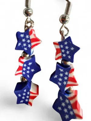 Handmade Patriotic American Flag Triple Stacked Star Dangle Earrings ❤️🤍💙 thumbnail 4