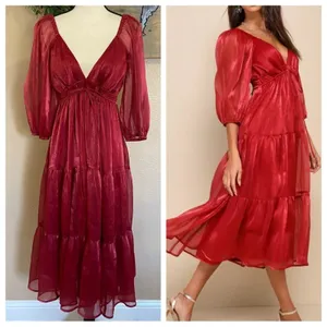 NWOT Lulus Romantic Appearance Wine Red Organza Tiered Midi Dress thumbnail 2