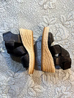 ☀️Eileen Fisher Willow Black Leather Espadrille Wedge Sandals Sz 7.5🧡 thumbnail 4