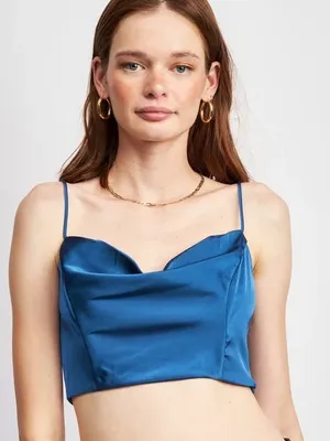 American Eagle Satin Cowl Neck Crop Top - Blue thumbnail 1
