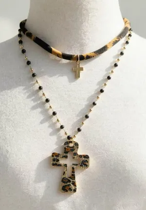 Leopard print necklace with gold cross and black beads thumbnail 1