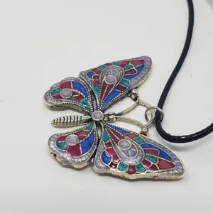Butterfly Pendant w/ Pink, Blue, Teal Green & Silvery White Resin Necklace thumbnail 6