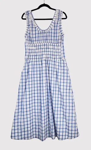 Taelynn Midi Dress Blue Plaid Sleeveless Smocked A Line Flowy Cottagecore Large thumbnail 1