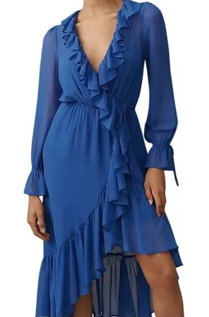 NWT Anthropologie Long Sleeve Ruffled Asymmetric Midi Dress Blue‎ Sz XS Feminine thumbnail 1