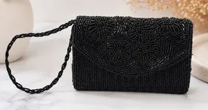 Vintage Black Beaded Evening Bag Floral Mini Clutch Purse thumbnail 1