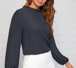 SheIn Chiffon Blouse Navy Ruffle Mock Neck Bishop Sleeve Work Modest Minimalist XS‎ thumbnail 1