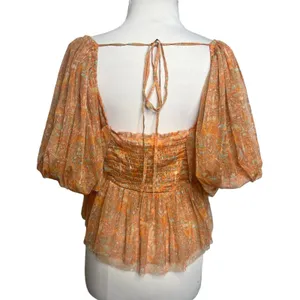 Free People‎ Penelope Printed Smocked Peplum Top Orange Size L thumbnail 3