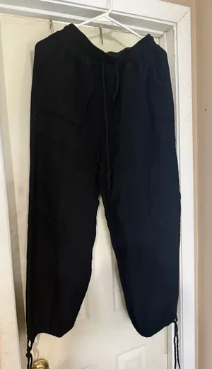 Black linen pants with drawstring waist and ankle ties Size M thumbnail 1