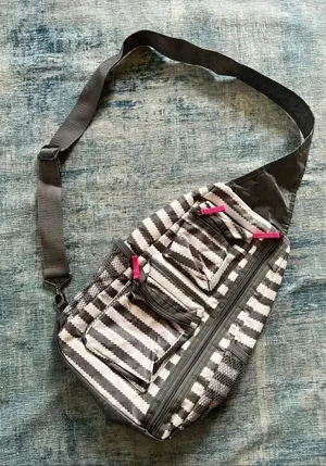 Thirty One Gray White Stripe Sling Crossbody Bag with Pink Accents thumbnail 1