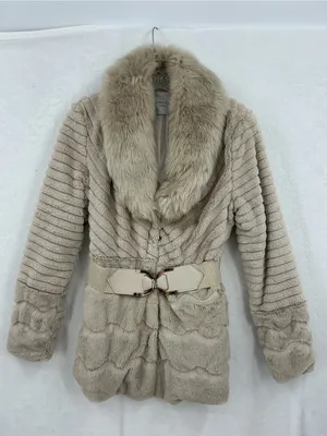 Patrizia Luca Cream Faux Fur Shawl-Collar Belted Jacket 883 thumbnail 2
