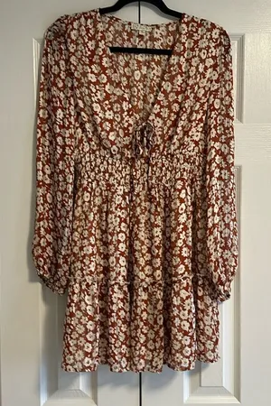 Endless Blue Women’s Dress, Brown with Floral and Gold Pinstripes, Size L thumbnail 1