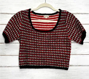 POL Fuzzy Striped Crop Sweater Top Red Black Cream Size Large thumbnail 1