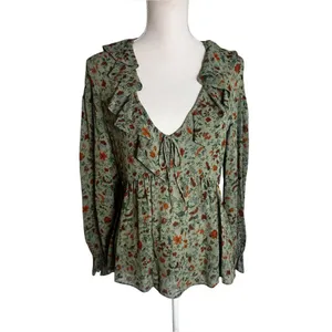 Reformation Wyn Floral Ruffled Top in green 4 thumbnail 4