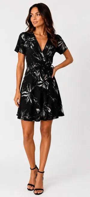 Babaton Aritzia Y2K Wrap Midi Kimono Dress Women's S Black Floral Tie Waist thumbnail 1
