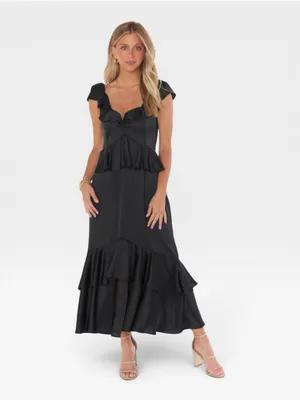 Show Me Your Mumu Reese Ruffle Black Satin Maxi Dress XS NWT thumbnail 2
