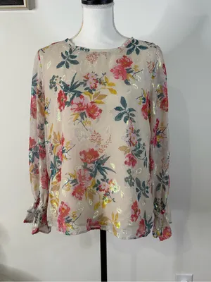 LOFT Floral Metallic Shimmer Ruffle Cuff Blouse Cream Pink M thumbnail 2