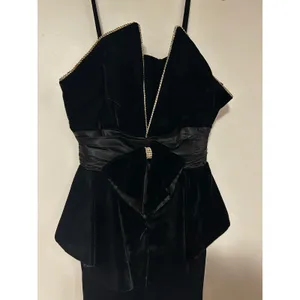 Vintage Night Way Black Velvet Peplum Dress Rhinestone Bow Halter 80s Glam 12 thumbnail 8