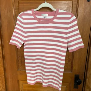 Tyler Boe Pink and White Striped Short Sleeve Ribbed Tee thumbnail 1
