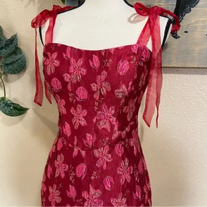 NWOT Lulus Lovely Darling Magenta Floral Jacquard Tie-Strap Midi Dress thumbnail 5
