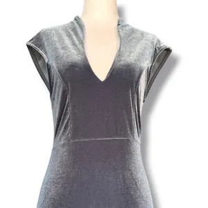 Y2K Windsor Blue Gray Velvet Midi Dress V Neck Bodycon Cocktail Party Holiday thumbnail 3