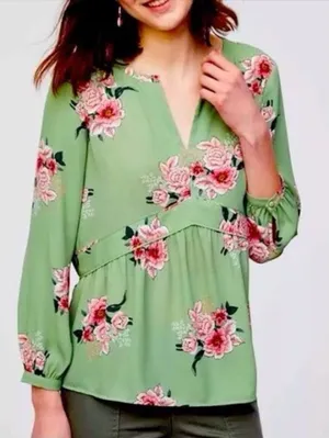 LOFT Green Floral V-Neck Peasant Long Sleeve Blouse Top Semi Sheer M Feminine thumbnail 1