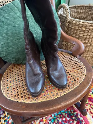 Frye Harlow Campus Chocolate Brown Leather Heeled Boho Western Tall Slouch Boots thumbnail 4