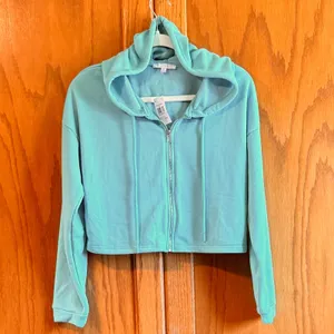 Iris NEW Medium Aqua Blue Cropped Zip Up Hoodie Sweatshirt lightweight NWT thumbnail 2