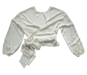Wilfred Aritzia White Wrap Blouse Womens S Silk Trim Balloon Sleeve Cropped Top thumbnail 1