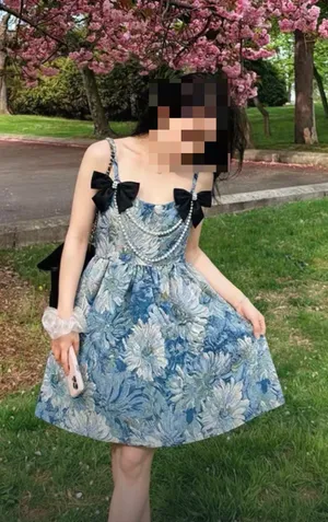 Blue White Floral Jacquard Mini Dress Square Neck Bow Pearl（only ONE‼️ BOW) thumbnail 2