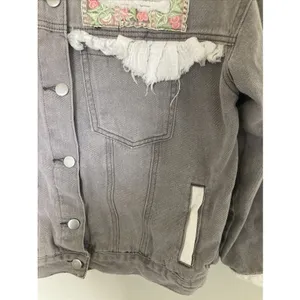 POL Womens Jacket Patchwork Denim Boho Chic M Floral Frayed Trim Gray thumbnail 4
