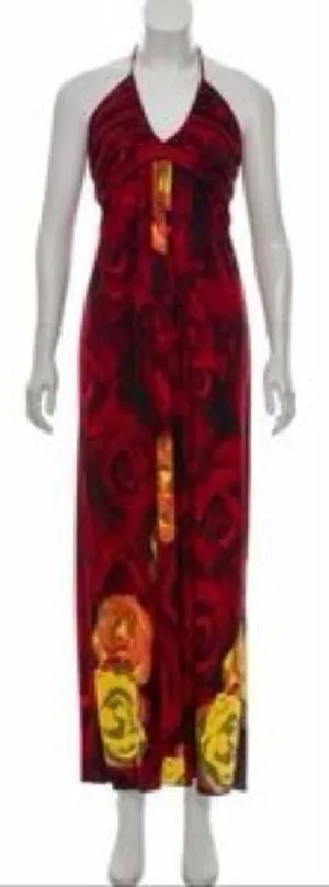 Alice + Olivia Silk V-Neck Halter Top Maxi Dress Red Orange Roses Size Large thumbnail 1