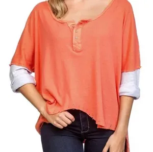 Free People We the Free Star Relaxed Distressed Henley Top Orange Linen Small thumbnail 2
