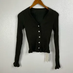 Commense NWT Ruffle Trim Dark Green‎ Ribbed Cardigan Size Small thumbnail 2