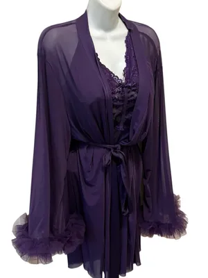 Boutique Lace Patchwork Camisole Nightgown & Bell Sleeve Sheer Robe Set Sz 2X thumbnail 2