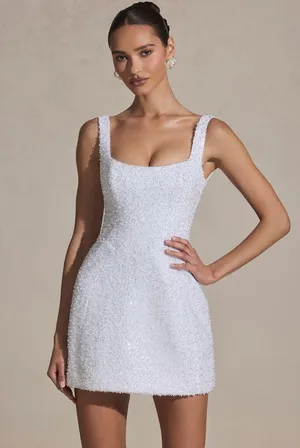 Embellished Structured A-Line Mini Dress in White (Bridal) thumbnail 1