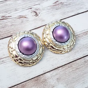 Vintage Clip On Earrings Large Statement Metallic Purple, Gold Tone, Silver Tone thumbnail 2
