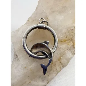 Vintage‎ Sterling Silver Dolphin Pendant Circle Hoop Nautical Ocean Jewelry 925 thumbnail 5
