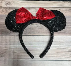 Disney Parks Classic Minnie Mouse Sequined Headband Black Ears Red Bow thumbnail 1