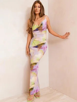 Amazon Multicolor Watercolor Maxi Dress in Purple and Green thumbnail 2