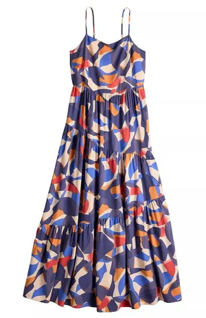 Nine West Womens Abstract Print Maxi Dress Colorful‎ Tiered Flowy Euro Summer Size Small thumbnail 1