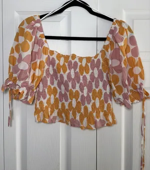 Jacquie The Label Smocked Crop Top Womens M Orange Pink Floral Puff Sleeve M thumbnail 1