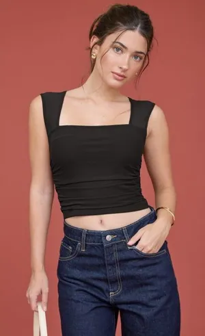 MESH SQUARE NECK RUCHED KNIT CROP TOP Black Size Medium thumbnail 1