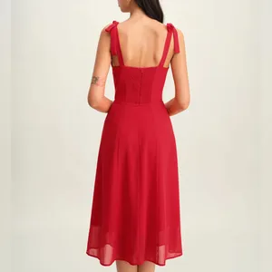 Rihoas Red Sweetheart Neck Tie Strap Midi Dress thumbnail 4