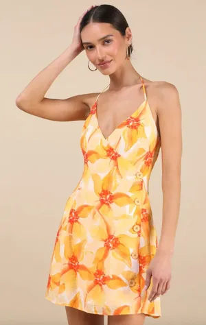 Lulus Prue Orange Floral Halter Mini Dress Rayon Resortwear Vacation XL NWT thumbnail 1