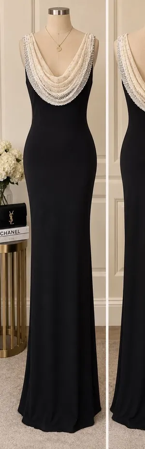 Cache Black Maxi Dress with Cream Beaded Draped Neckline thumbnail 1