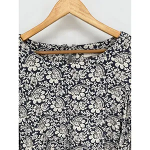 LOFT Blouse Women L Navy Blue White Floral Paisley Long Sleeve Keyhole Back thumbnail 4
