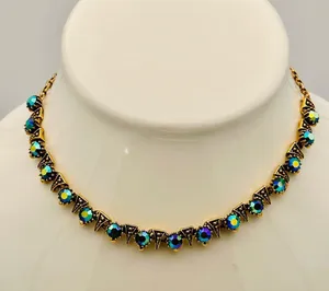 Vintage Blue/Green Borealis Crystal Rhinestone Dainty Necklace thumbnail 5