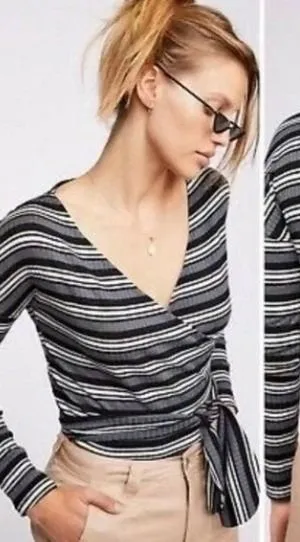 Free People Striped Wrap Top Always With Me Tee‎ Boho Casual Minimalist XS thumbnail 1